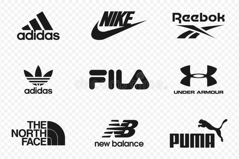 Top clothing brands logos. Set of most popular logo - NIKE, Adidas, Reebok, Puma, New Balance, Under Armour, FILA, The North Face. stock illustration Active Wear Branding, Clothing Brand Logo Ideas, Fashion Logo Design Inspiration, Sports Brand Logos, Logos Nike, Sportswear Logo, Pearl Logo, Top Clothing Brands, Fashion Logo Branding