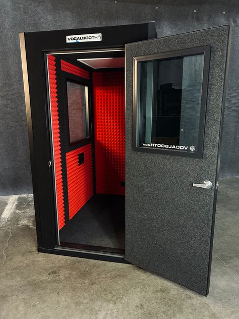 Black interior, Black Exterior, Red VB Studio Foam, 2x2.5 Door Window, 3X3 Wall Window, a 4 XLR / 2 TRS Exterior Jack Panel and Full RGB Flush Mounted Lighting. Home Recording Studios, Container Studio, Studio Foam, Recording Booth, Recording Studio Home, Sound Isolation, Music Studio Room, Recording Studios, Wall Window