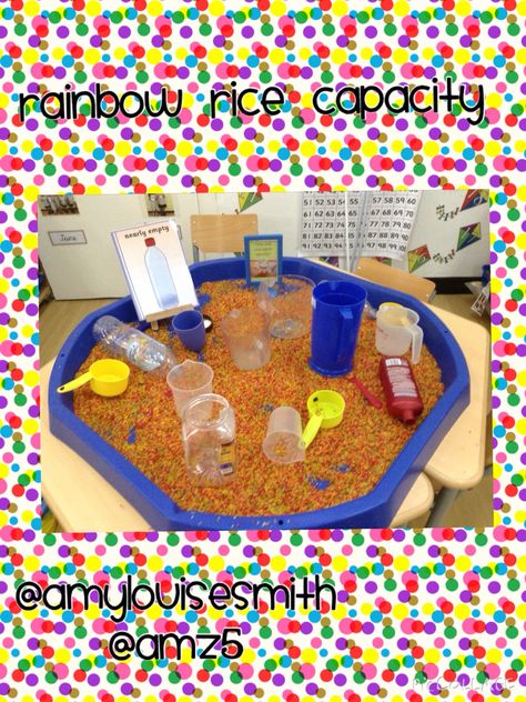 Rainbow rice capacity Capacity Tuff Tray, Capacity Eyfs Activities, Eyfs Capacity, Capacity Activities For Kindergarten, Capacity Eyfs, Capacity Maths, Capacity Activities, World Maths Day, Investigation Area