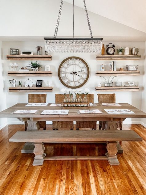 Dining Room Transformation | Finding Silver Linings Dining Room Floating Shelves, Before And After Dining Room, Dining Room Shelving, Dining Room Makeovers, Farmhouse Dining Room Set, Dining Room Transformation, Dining Room Trends, Dining Room Shelves, Floating Shelf Decor