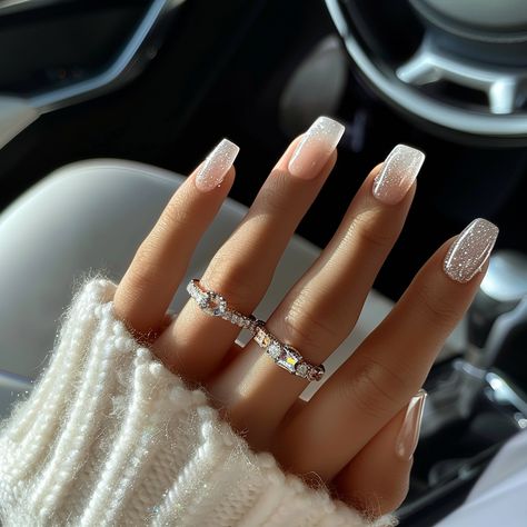 winter nails, acrylic nails, gel nails, autumn nails, holiday nails, long nails, short nails, gel manicure, white nails, ombre nails, french acrylic nails Sparkle Ombre, Winter Nail Inspiration, Christmas Nail Inspo, Long Square Nails, New Years Eve Nails, Acrylic Gel Nails, White Acrylic Nails, White Ombre, Holiday Glam