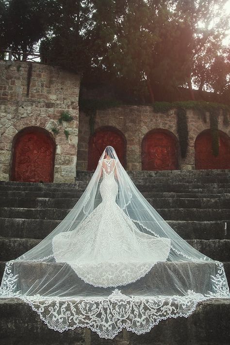 Elaborate cathedral veil for the perfect picture  #bridalgown #bridal #bridalgowns #weddinggown #bridetobe #weddings #bride #dreamdress #bridalcollection #bridaldress #lacedress #herecomesthebride #weddingideas #weddinginspiration Veils Cathedral, Long Veil Wedding, Cathedral Wedding Veils, Cathedral Wedding, Wedding Ideas Dresses, Fancy Wedding Dresses, Wedding Dress With Veil, Long Veil, Pretty Wedding Dresses