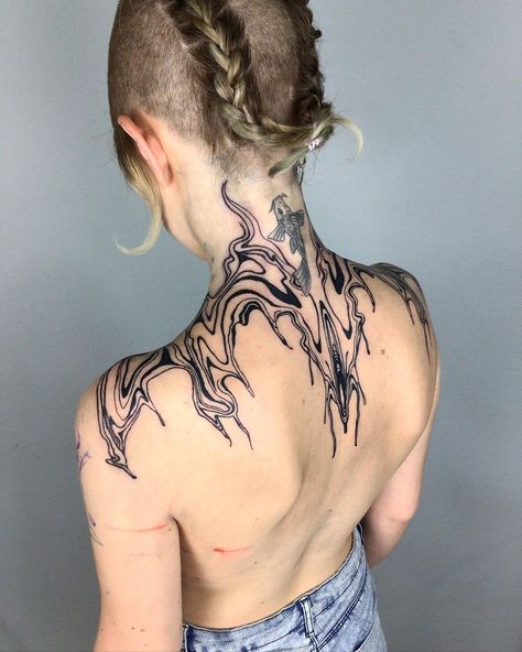 Liquid Tattoo Design, Organic Tattoo Design, Chest Tattoo Abstract, Shiny Tattoo, Splash Tattoo, Back Neck Tattoo, Demon Oc, Abstract Tattoo Ideas, Bum Tattoo