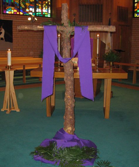 Rugged cross made from a previous Christmon tree, and decorated with purple drape for Palm Sunday, 2013.  During processional, choir members drop palm fronds at the base of the cross.  St. Timothy UMC, Brevard, NC. Lent Decorations, St Timothy, Brevard Nc, Purple Drapes, Church Altar, Worship Art, Rugged Cross, Wooden Crosses, Old Rugged Cross