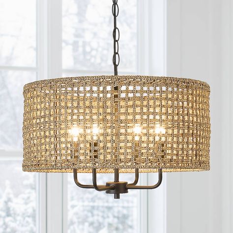 4-Light Bohemian Hand Woven Drum Chandelier - Straw - 20 in. W - Bed Bath & Beyond - 36159710 Chandelier Natural, Dimmable Chandelier, Bohemian Candle, Chandelier Metal, Vintage Style Decorating, Brass Wall Light, Geometric Chandelier, Drum Chandelier, Chandelier Light