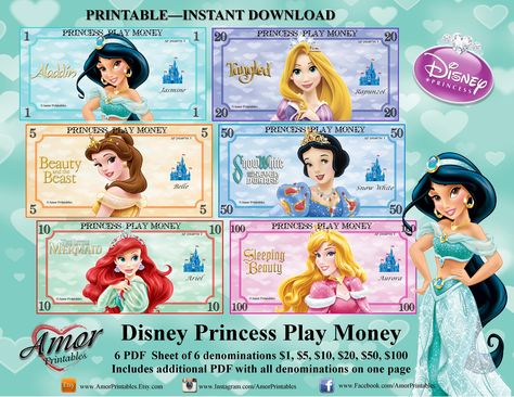 Play Money - Disney Princesses. Great for party favor bags, Monopoly money, teaching child the value of money. Includes play money with 6 values ($1, $5, $10, $20, $50 and $100 with Disney Princesses) Princess Party Games For Kids, Disney Princess Party Games, Printable Play Money, Money Party, Princess Party Games, Pretend Play Printables, Disney Play, Disney Money, Learning Money