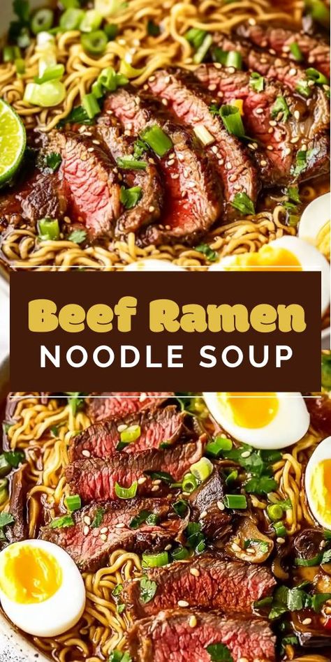 Craving cozy? 🍜 This Beef Ramen Noodle Soup is loaded with tender steak, ramen noodles, and a rich, flavorful broth. Perfect for warming up on chilly nights! Make restaurant-quality ramen at home with this easy recipe. Save it for your next soup craving! #RamenSoup #BeefRamen #ComfortFoodCravings #EasySoupRecipe #HomemadeRamen #NoodleLover #SoupSeason #AsianInspiredRecipes #DinnerIdeas #WarmAndCozy Pho Ramen Noodle Recipes, Homemade Beef Ramen Soup, Quick Ramen Noodle Recipes, Beef Ramen Recipes, Beef Ramen Bowl, Beef Ramen Soup, Homemade Ramen Soup, Ramen Bowl Recipe, Instant Pot Ramen