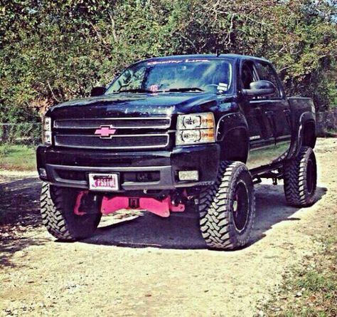 Pink Black Silverado Jacked Up Chevy, Custom Lifted Trucks, Black Truck, Pink Truck, Lifted Chevy Trucks, Lifted Truck, Lifted Chevy, Jacked Up Trucks, Dirt Road