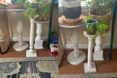 I used old table legs, spindles and scrap wood #DIYplantstands #DIYspendalplantstan Upcycle Table Legs Ideas, Table Leg Crafts Diy Projects, Small Spindle Crafts, Table Leg Repurpose Ideas, Old Table Legs Ideas Projects, Things To Do With Spindles, Table Leg Christmas Crafts, Table Legs Repurposed, Table Legs Ideas Wooden Diy