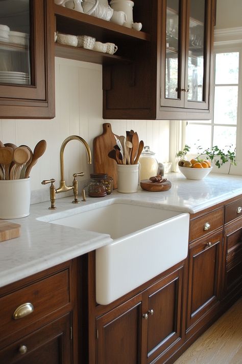 13 Kitchens That Rock Brown Cabinets & White Counters – DreamyHomeStyle Brown White Kitchen Ideas, Brown Cabinet White Countertop, White Kitchen With Brown Countertops, Dark Wood Cabinet Kitchen, Brown Cabinets And White Countertops, Kitchen Ideas Brown Cabinets, Brown Countertops Kitchen, Brown Cabinets White Counter, Dark Cabinets Light Counters