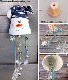 Clay Pot Snowman Wind Chime Materials Clay pot  Dollar store sock Beads Bells Snowflakes Strong string 2-Large washers Thick string or hemp twine Orange Felt Scissors Black sharpie White spray paint misc embellishments Hot glue and glue gun or other...Read more Clay Pot Snowman, Sew Vest, Pot Snowman, Cubicle Ideas, Terra Cotta Pot Crafts, Pot Crafts, Flower Pot Crafts, Church Crafts, Clay Pot Crafts