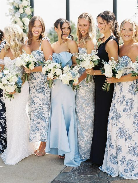 Looking for mismatched blue bridesmaid dresses? This bridal party teaches us how its done by seamlessly mixing shades of blue as different patterns! Head to the Style Me Pretty gallery for even more inspo.Photography: Erin Wilson Photography (http://erinwilsonphotography.com) Mismatched Blue Bridesmaid Dresses, Arkansas Mountains, Mismatched Bridesmaid Dresses Blue, Patterned Bridesmaid, Patterned Bridesmaid Dresses, Erin Wilson, Blue And White Wedding, Floral Bridesmaid Dresses, White Bridesmaid