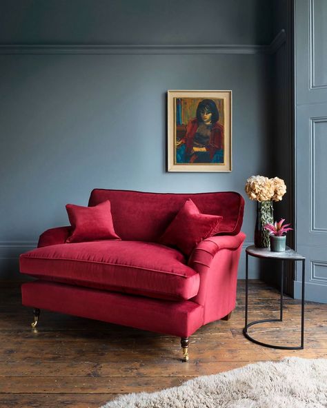 The Sunday Times Home on Instagram: “Despite the name, there’s no pressure to share: the Alwinton snuggler, set on turned oak legs, is a traditional Howard-style seat, pictured…” Red Armchair Living Room, Loveseats For Small Spaces Living Room, Burgundy Armchair, Moody Living Room, Red Armchair, Red Couch, Loveseat Living Room, Sofa Handmade, Sofa Styling