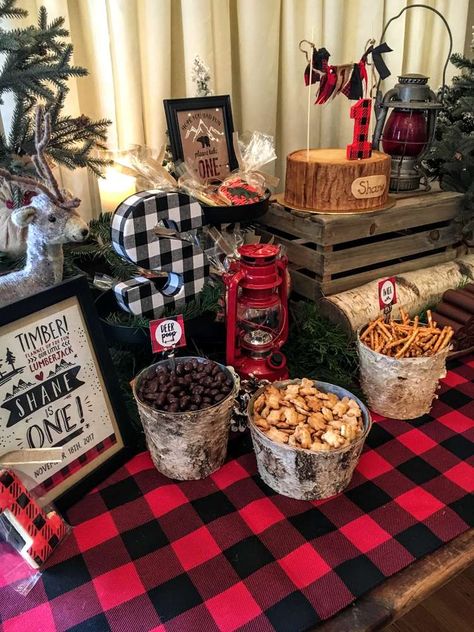 Little Lumberjack Birthday Party Ideas | Photo 2 of 33 Trail Mix Bar, Plaid Baby Shower, Lumberjack Birthday Party, Lumberjack Baby Shower, Lumberjack Baby, Lumberjack Birthday, Lumberjack Party, Camping Birthday Party, Camping Birthday