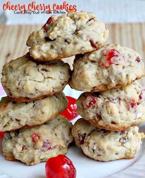 Cheery Cherry Cookies – Can't Stay Out of the Kitchen Candied Cherry Cookies, Cherry Winks, White Chocolate Cherry Cookies, Christmas Cherries, Cherry Oatmeal Cookies, Cherry Cookies Recipes, Candied Cherries, Recipe Oatmeal, Cherry Oatmeal