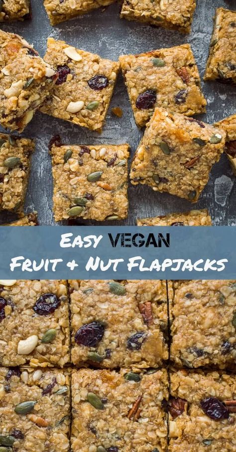 Vegan fruit and nut flapjacks - easy vegan oaty flapjacks (oat cookie bars) filled with dried fruits, nuts and seeds. Perfect for snacking, lunchboxes and hiking! #vegan #plantbased #dairyfree #flapjacks #oatbars #snack #veganbaking #veganjunkfood #fruit #nuts #snackrecipe #vegansnack Dairy Free Tray Bakes, Dairy Free Flapjack Recipe, Vegan Snack Bars, Vegan Traybake Recipes, Vegan Hiking Snacks, One Bowl Date Nut Oat Bars, Vegan Slice Recipes, Healthy Oat Bar Recipes, Vegan Hiking Food