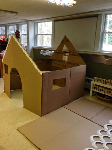 Our Life-Size Gingerbread House | Mrs. Goff's Pre-K Tales | Bloglovin’ Cardboard Gingerbread House Lifesize, Large Gingerbread House Cardboard, Gingerbread House Dramatic Play, Christmas Floats Parade Ideas, Large Gingerbread House, Cardboard Houses For Kids, Cardboard Box Houses, Cardboard Gingerbread House, Christmas Parade Floats