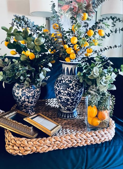 Lemon And Blue Table Decor, Blue And Lemon Decor, Amalfi Kitchen Decor, Amalfi Centerpiece, Positano Inspired Bathroom, Blue And White Italian Decor, Amalfi Home Decor, Blue And Yellow Italian Decor, Blue And Yellow Apartment Decor