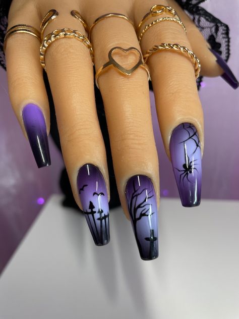 Witch Nails Square, Halloween Nails Black And Purple, Vampire Inspired Nails, Graveyard Nails, Vampire Nail Art, Dark Purple Halloween Nails, Purple Spooky Nails, Witchy Halloween Nails, Purple Halloween Nail Designs