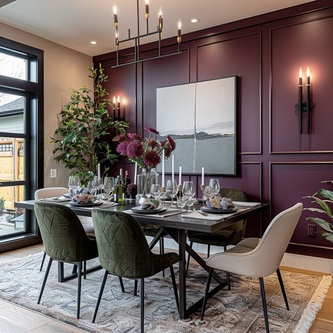 Berry tones in interior design sometimes provide a sophisticated look when done right. What do you think? Design by @emmas_interior_style . . . . . . . #berrytones #interiordesign #homedecor #vibrantcolors #designinspiration #colorpalette #warminteriors #homestyling #decorgoals #richhues #modernhome #designdetails #interiorinspo #sophisticatedstyle #roommakeover #decorinspo #hometransformation #stylishinteriors #interiorgoals #livingroomdecor Living Room Dining Room Color Scheme, Deep Purple Dining Room, Burgundy Dining Room, Dining Room Purple, Purple Dining, Purple Dining Room, Berry Tones, Transitional Interior Design, British Colonial Decor