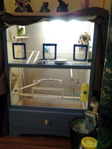 I built this bird cage from an old dresser. Diy Parakeet Cage, Fancy Parakeet, Bird Room Ideas, Bird Cage Ideas, Bird Room, Cockatiel Cage, Diy Bird Cage, Parakeet Toys, Diy Bird Toys