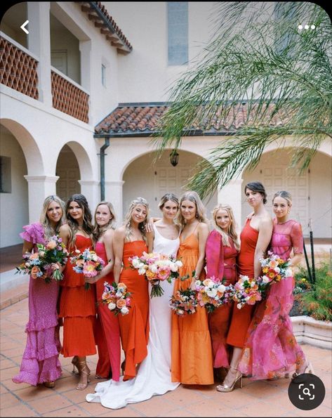 Sunrise Wedding Colors Bridesmaid Dresses, Bridesmaids Sunset Colors, High Fashion Bridesmaid Dresses, Sunset Themed Wedding Bridesmaid Dresses, Sunset Colored Bridesmaid Dresses, Modern Mexican Wedding Bridesmaids, Tropical Bridesmaid Dress Color Palettes, Red Pink Orange Wedding Bridesmaid Dresses, Sunrise Bridesmaid Dresses