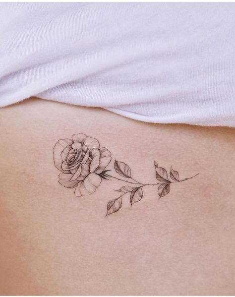 Rib Cage Rose Tattoo, Rose Tattoo Side Rib, Rose Collar Bone Tattoo, Rose Tattoo Between Breast, Open Rose Tattoo, Rose Tattoo Ribs, Delicate Rose Tattoo, Dainty Rose Tattoo, Fine Line Rose Tattoo