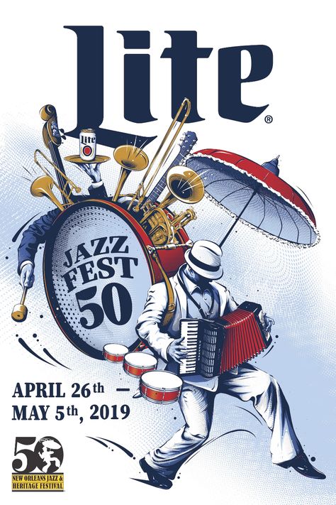 Adobe Illustrator Draw, Jazz Fest, Miller Lite, 50th Anniversary, Music Poster, New Orleans, Comic Book Cover, Festival