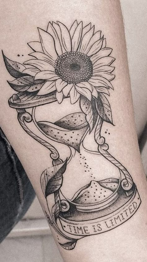 Tattoo With Clock, Floral Sleeve Tattoo, Memorial Tattoos Mom, Sunflower Tattoo Ideas, Carnation Tattoo, Flowers Tattoos, Hourglass Tattoo, Armband Tattoos, Mom Tattoo Designs