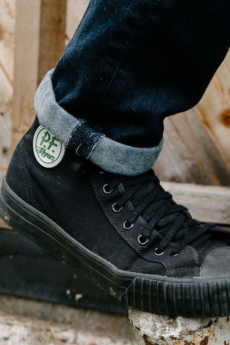 PF Flyers in all black- classic sandlot shoes 1950s Mens Fashion, Pf Flyers, Flat Foot, 1950s Mens, Sandlot, The Sandlot, Mens Trendy Outfits, Leather Denim, Work Style