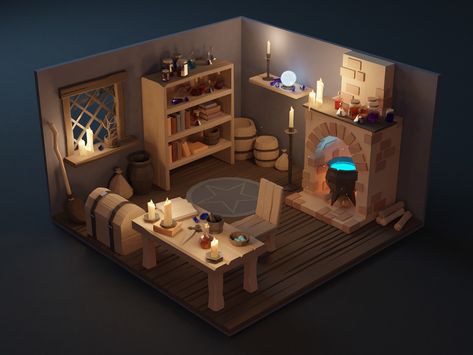 Blender Low Poly Environment, Witch Laboratory, Blender 3d Inspiration, Low Poly Interior, Blender Low Poly, Witches Room, Witch Hut, Escape Room Puzzles, Ipad Pro Wallpaper