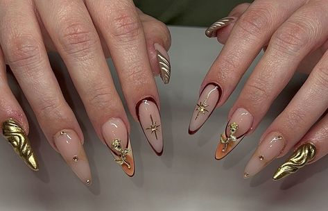 Fall Gel X Nails, November Nails Fall, November Nail Designs, Gold Accent Nail, Pink Stiletto Nails, Senior Things, November Nails, Nails Gold, Vintage Nails