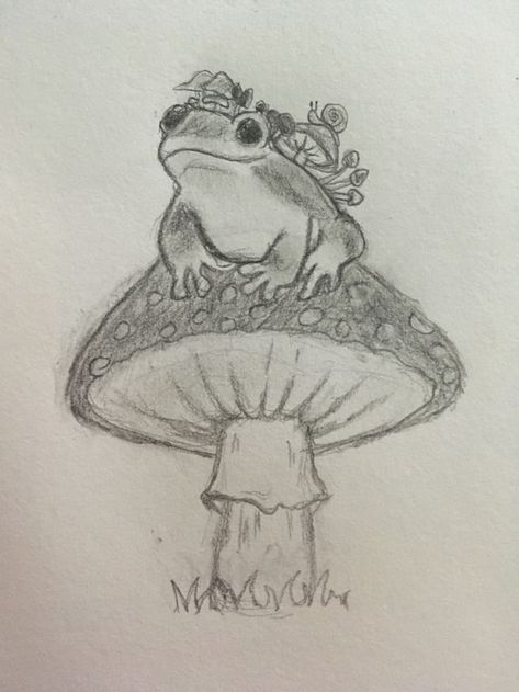 Frog On A Mushroom Drawing, Drawing Ideas Frogs, A Mushroom Drawing, Frog On A Mushroom, Frogs And Mushrooms, Animal Sketches Easy, Frog Sketch, Village Drawing, Diy Canvas Art Easy