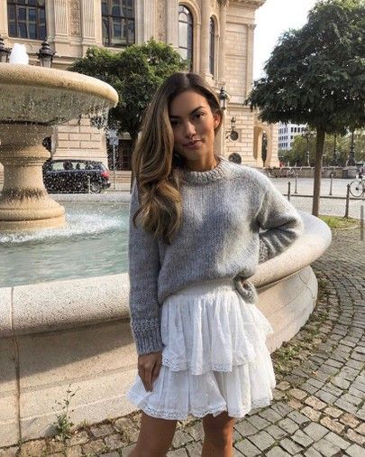 White Ruffle Skirt Outfit Summer, Ruffle Skirt Outfit Summer, Tiered Mini Skirt Outfit, White Ruffle Skirt Outfit, Grey Long Sleeve Mini Dress, Ruffle Skirt Outfit, Western Chic Fashion, White Ruffle Skirt, Shop Skirt