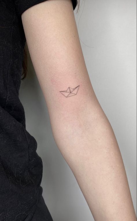 Minimal Boat Tattoo, Origami Boat Tattoo, Small Boat Tattoo, Paper Boat Tattoo, Boats Tattoo, Ems Tattoos, Sailboat Tattoo, Boat Tattoo, One Line Tattoo