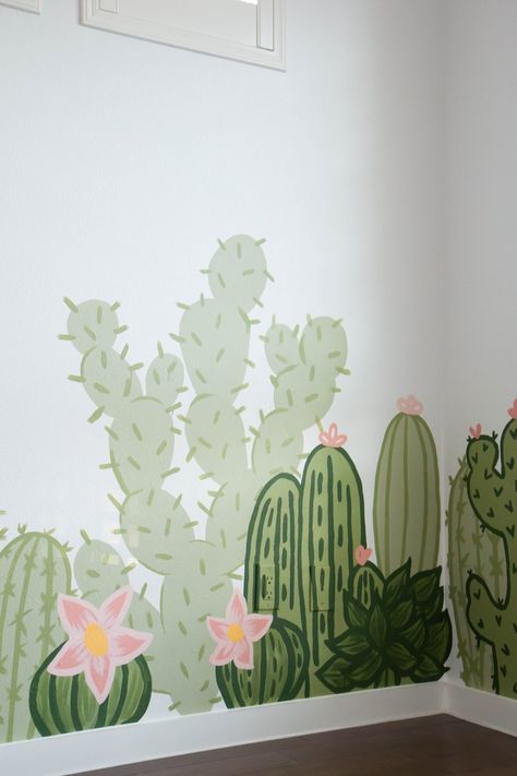 Cactus Garden Nursery Mural — Maggie Antalek Painted Cactus Wall, Western Nursery Mural, Desert Playroom, Western Wall Painting Ideas, Cowgirl Mural, Cactus Wall Painting, Desert Classroom Theme, Nursery Garden Ideas, Bedroom Wall Mural Diy