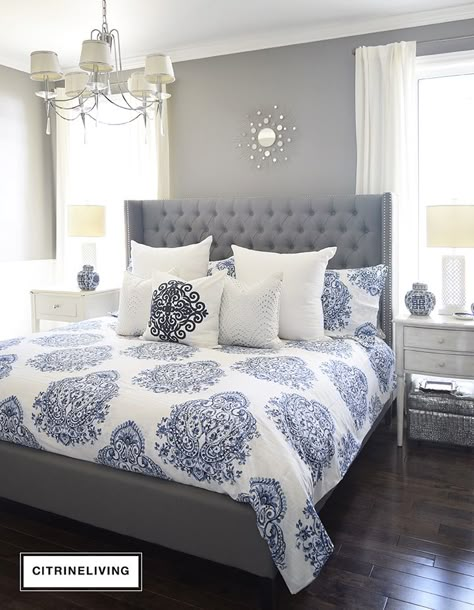 NEW MASTER BEDROOM BEDDING – CITRINELIVING Brightening up a master with blue and white linens Design Ložnic, Bedroom Redo, Decor Ikea, Versace Home, Trendy Bedroom, Gray Bedroom, Blue Bedroom, Remodel Bedroom, White Bedroom