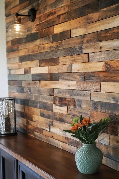 "Elevate your decor with a DIY Pallet Wood Wall! 🛠️🌲 A great way to add texture and rustic appeal to your space. 🌿✨ #PalletProjects #RusticWall #HomeInspiration" Farmhouse Pallet Wall, Wood Pallet Wall Outdoor, Kitchen Pallet Wall, Repurposed Wood Wall, Pallet Wood Wall Ideas, Diy Wooden Accent Wall, Diy Pallet Flooring Indoors, Metal And Wood Walls, Diy Wood Paneling Makeover