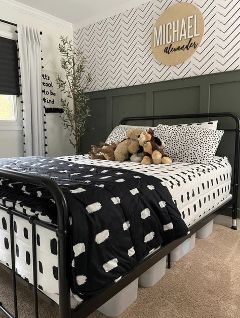 Full Size Bed Boys Room, Boys Room Black Bed, Boys Bedroom Black Bed, Boys Room Full Size Bed, Boys Room 2 Beds, Boys Room Queen Bed, Olive Green Boys Room, Boys Full Size Bed Ideas, Boys Black And White Room