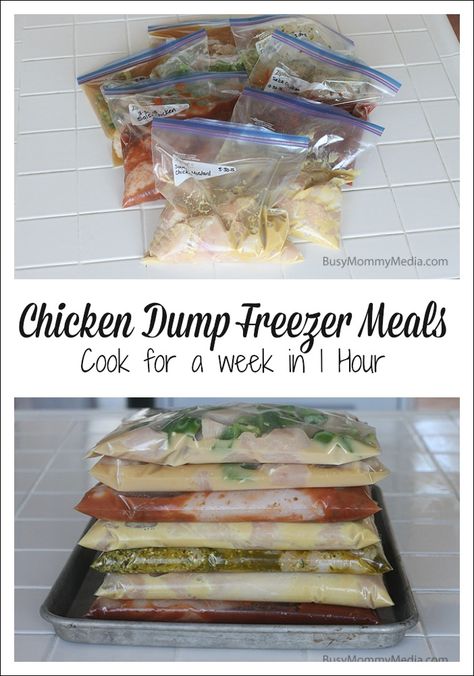 Chicken Dump Freezer Meals - Cook a full week's worth of meals in less than an hour. The sweet mustard recipe is AMAZING!! Bulk Cooking For The Week, Dump Freezer Meals, Dump Crockpot, Meals For A Week, Freeze Meals, Chicken Freezer, Amazing Dinners, Dump Recipes, Crockpot Freezer Meals