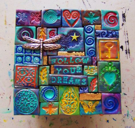 Polymer clay mosaic art - Maria Greene @ Greeneearth Clay Mosaic Tiles, Clay Mosaic, Making Polymer Clay, Box Assemblage, Clay Wall Art, Upcycled Art, Spirit Dolls, Clay Tiles, Painting Collage