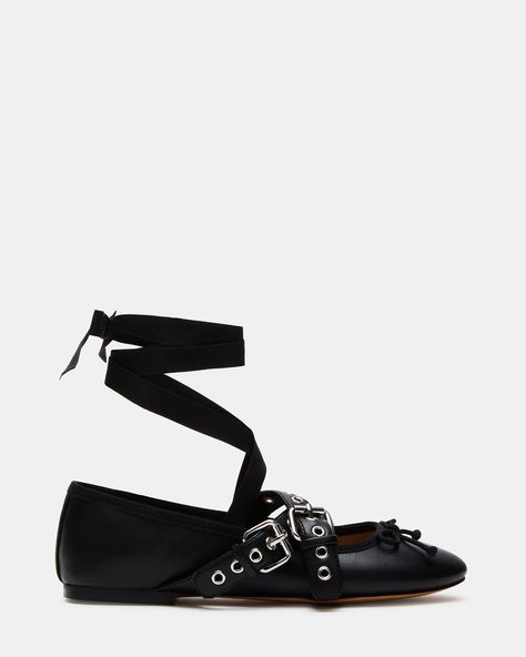 BAYLEN BLACK Af Shoes, Kitten Heel Slingbacks, Bow Jeans, Lace Up Ballet Flats, Black Lace Up Shoes, Steve Madden Flats, Slip On Heels, Steve Madden Store, Club Shoes