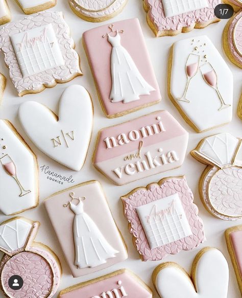 Bridal Shower Cookies Pink, Engagement Party Cookies, Flooded Cookies, Bridal Brunch Food, Bride Cookies, Wedding Cookies Decorated, Pink Calendar, Wedding Dress Cookies, Wedding Shower Cookies