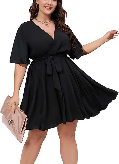 SCOMCHIC Women's Plus Size Long Sleeve Wrap V Neck Tie Waist A Line Mini Short Dress at Amazon Women’s Clothing store Plus Size Skater Dress, Plus Size Short Dresses, Flared Dresses, Sukienki Plus Size, Plus Size Summer Dresses, Short Sleeve Summer Dresses, 파티 드레스, Plus Size Cocktail Dresses, Vestido Plus Size