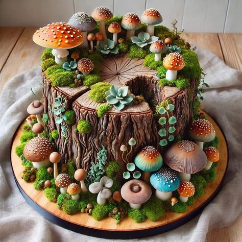 Birthday Mushroom, Thanksgiving Cakes Decorating, Extreme Cakes, Mushroom Cake, Mushrooms Growing, Woodland Cake, Fantasy Cake, Log Cake, Tree Stumps