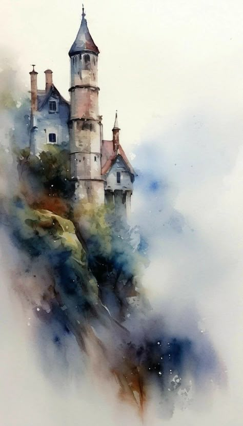 Dreamy Watercolor Paintings, Hourglass Watercolor, Scenery Watercolor Paintings, Metallic Watercolor Painting Ideas, Windmill Sketch, Big Watercolor Painting, Watercolor Fantasy Art, Watercolour Easy, Watercolor Art Nature