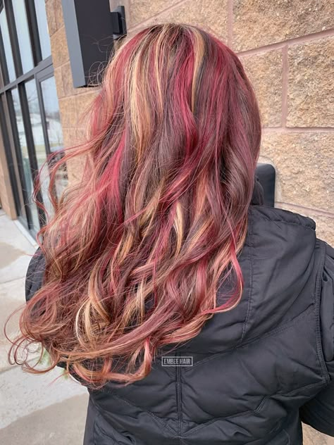 Long Hairstyles With Red Highlights, Red Lowlights In Dark Blonde Hair, Brown Hair Red Highlights Short, Blonde Burgundy Brown Hair, Light Brown Hair With Colorful Highlights, Light Brown Hair With Red Highlights Burgundy, Blonde Hair With Cherry Red Highlights, Dark Blonde Hair Red Highlights, Red Blonde And Brown Highlights