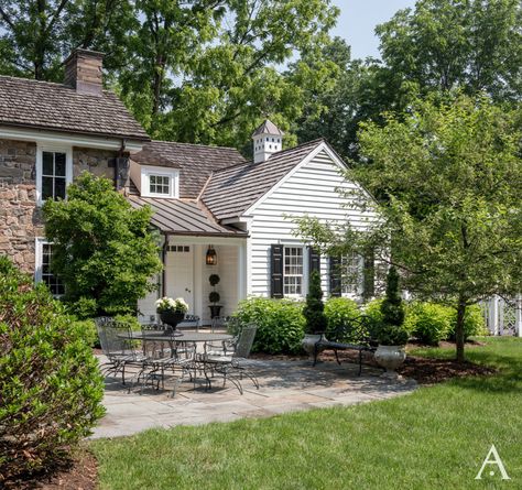 English Cottage Addition in Washington Crossing | Period Architecture Ltd Period Architecture, Farmhouse Architecture, Stone Farmhouse, Colonial Exterior, Flagstone Patio, Cottage Style Homes, Stone Cottage, Bucks County, Home Additions