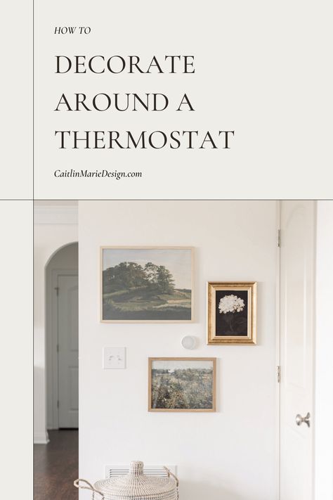 How to Decorate Around a Thermostat Pinterest image | vintage art gallery wall, antique landscape, oil painting, modern traditional decor, simple budget friendly Hallway Wall Decor Around Thermostat, Gallery Wall With Thermostat, Gallery Wall Around Thermostat, Gallery Wall Antique, Vintage Art Gallery Wall, Vintage Art Gallery, Simple Gallery Wall, Modern Traditional Decor, Organic Living Room