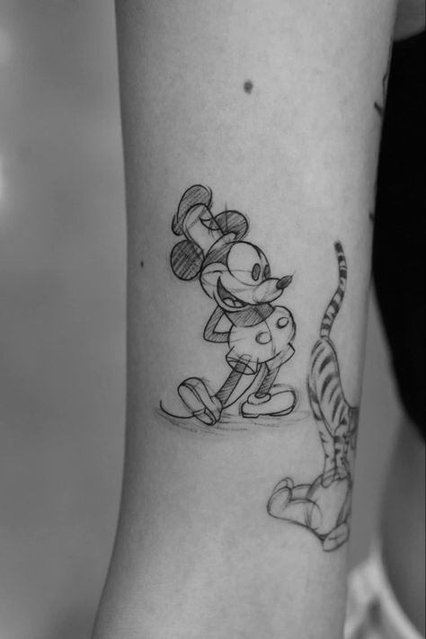 Looking for Black and Grey Fine Line and Single Needle Tattoos? Follow for the latest designs and tattoo reference inspiration @danielcollinsart 
#tattooinspiration #tattooideas #fineline #singleneedle #microrealism #tattoos #blackworktattoo #inked #blackandgrey Mickey Sketch Tattoo, Steamboat Willie Tattoo, Disney Black And White Tattoo, Disney Sketch Tattoo, Original Disney Sketches, Mickey Mouse Tattoo Ideas, Tattoo Single Needle, Disney Inspired Tattoos, Mickey Tattoo